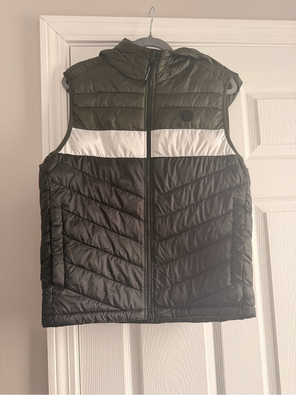 Men's Hooded Quilted Puffer Vest in Black, Olive & White